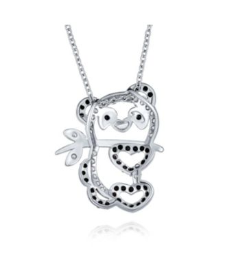 Whimsical Cute Zoo Animal Black White Cubic Zirconia Pave CZ Open Panda Bear Pendant Necklace Rhodium Plated Brass