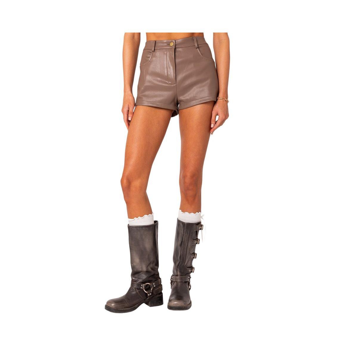 Edikted Martine High Rise Faux Leather Shorts In Brown