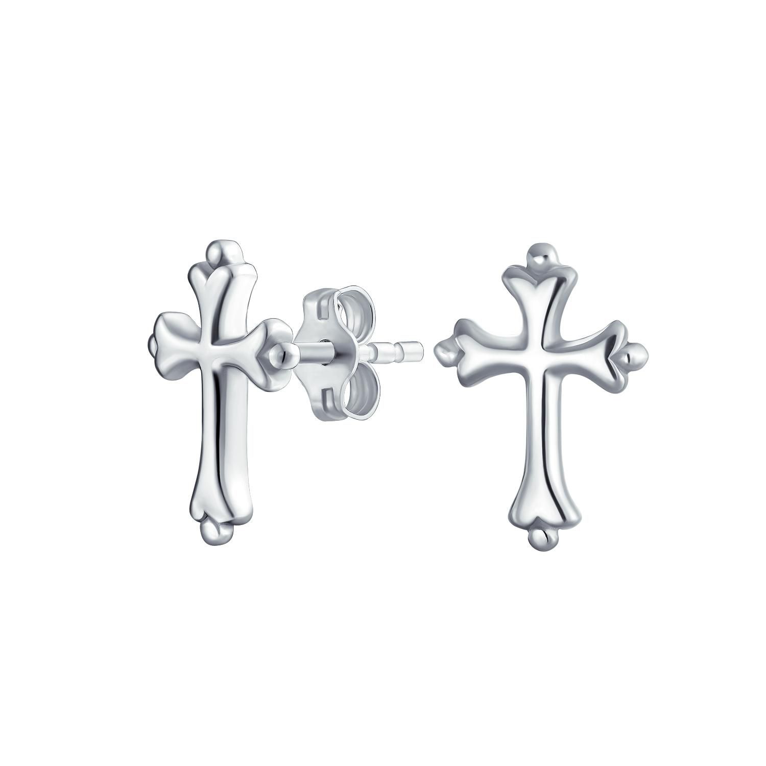 Religious Fleur De Lis Cross Stud Earrings Sterling Silver Communion Gift