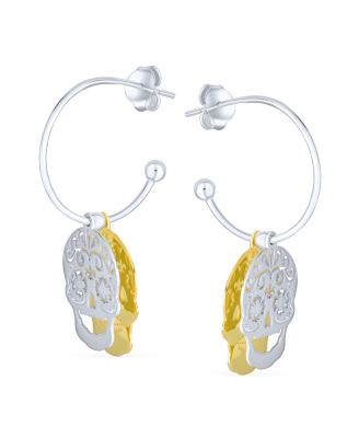 Dia de los Muertos Jewelry Caribbean Biker Halloween Pirate Skull Stud Hoop Earrings Two Tone Gold Plated Sterling Silver