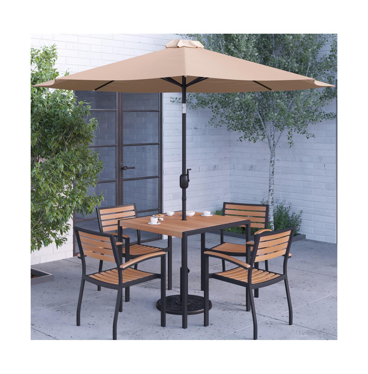 Hampstead Seven Piece Faux Teak Patio Dining Set Includes Table, Four Club Chairs, Patio Umbrella And Base