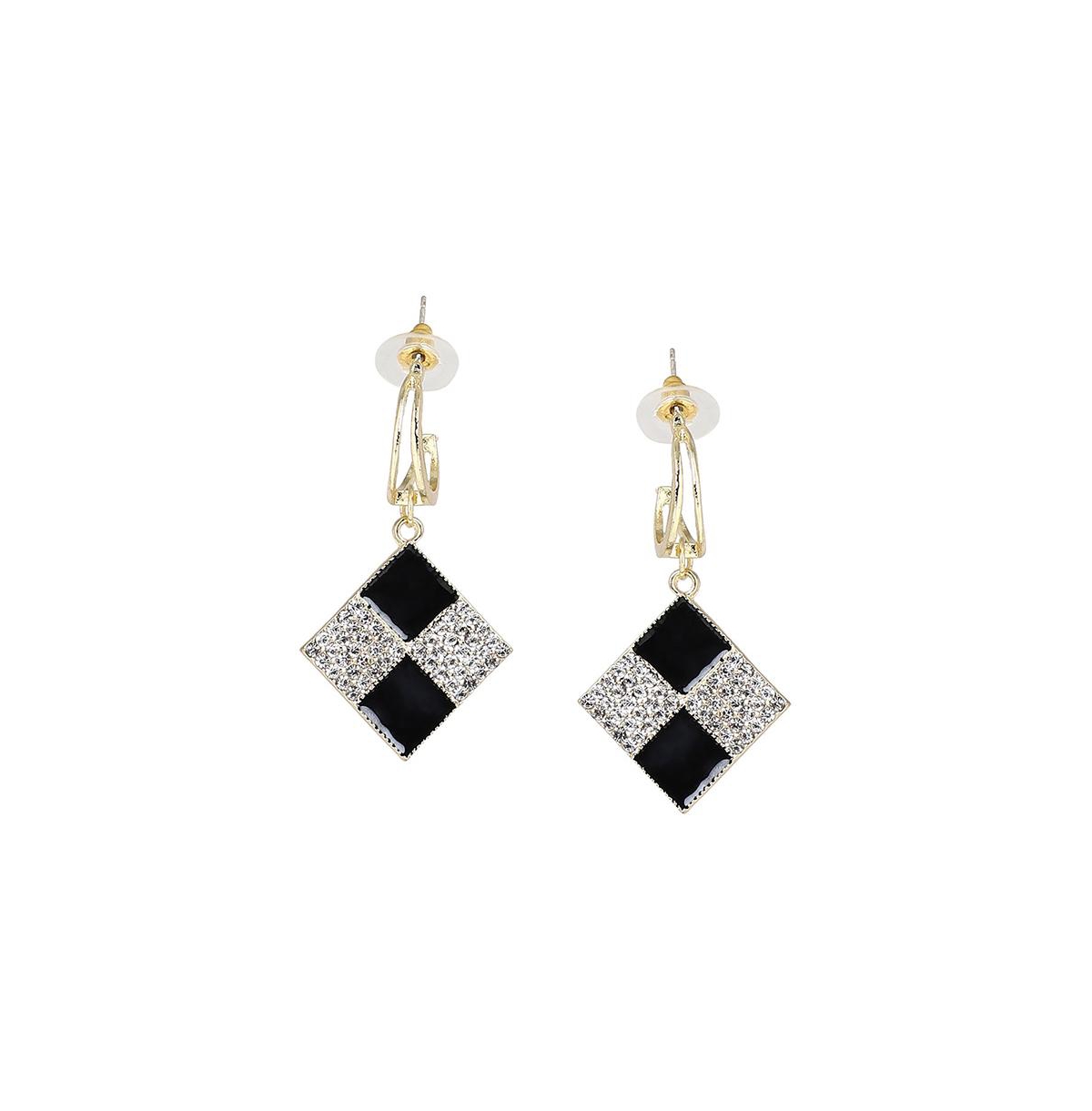 Women's Gold Checkered Drop Earrings - Black