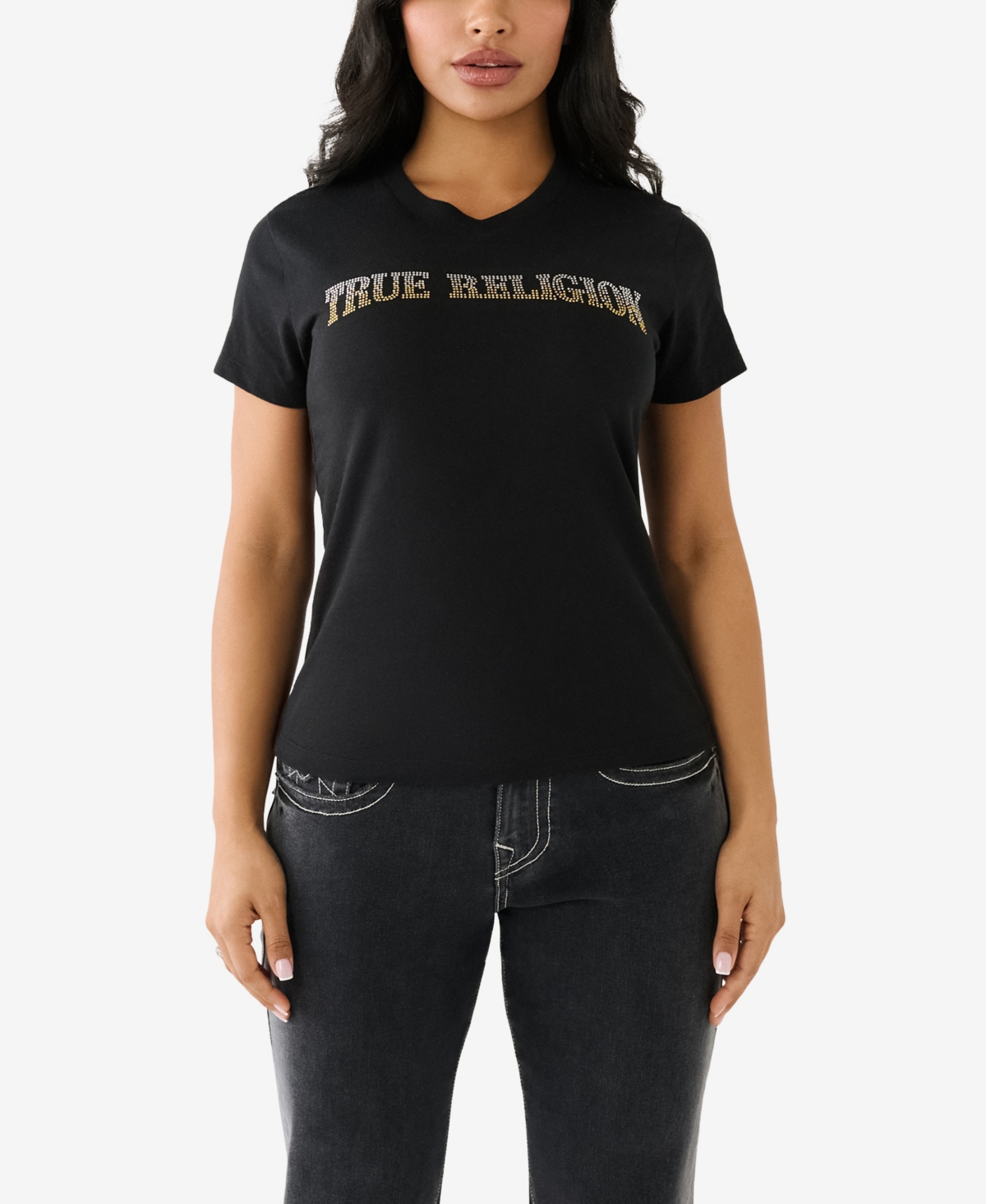 Shop True Religion Women's Short Sleeve Ombre Crystal Arch Logo T-shirt In Jet Black
