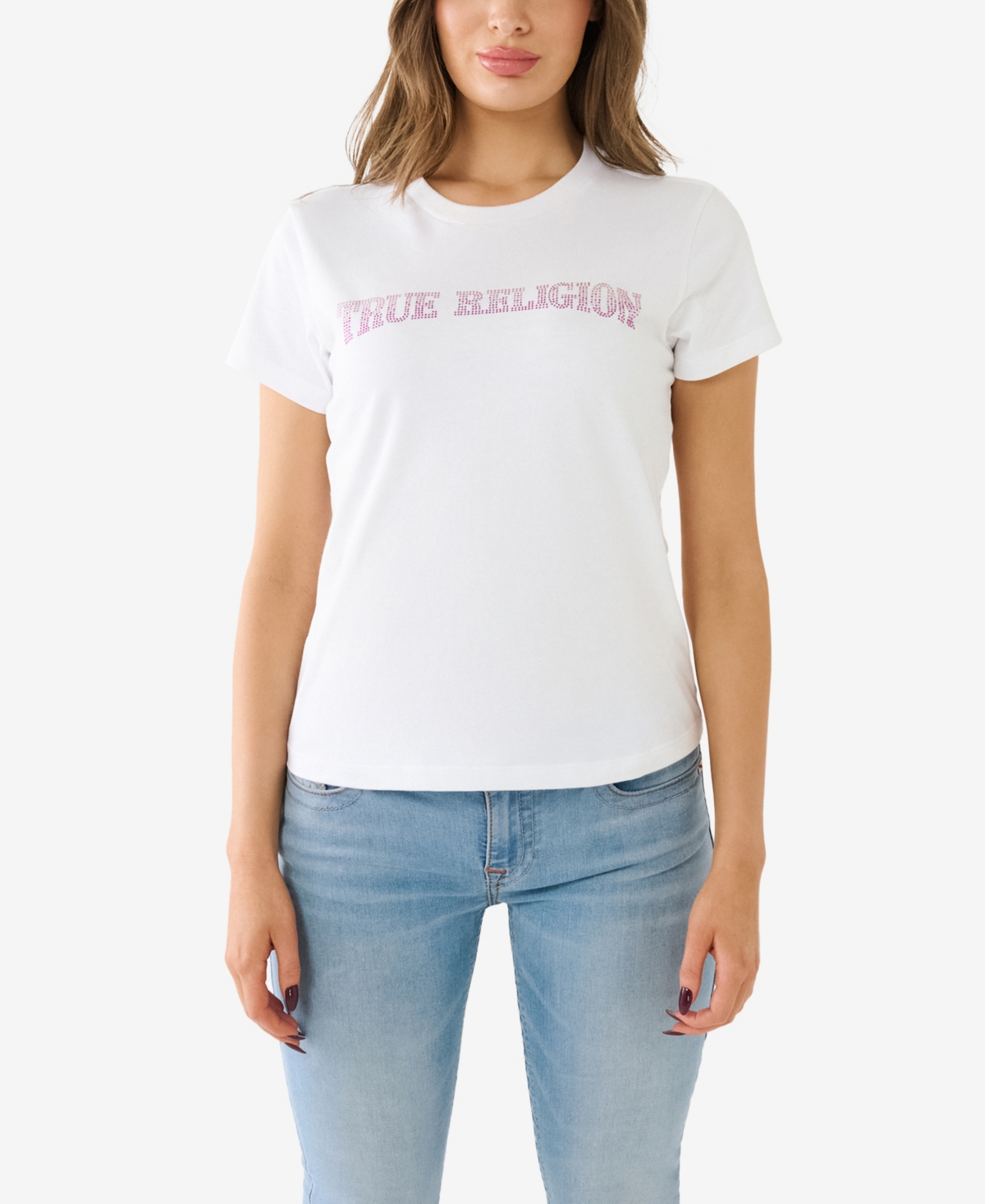 Shop True Religion Women's Short Sleeve Ombre Crystal Arch Logo T-shirt In Optic White