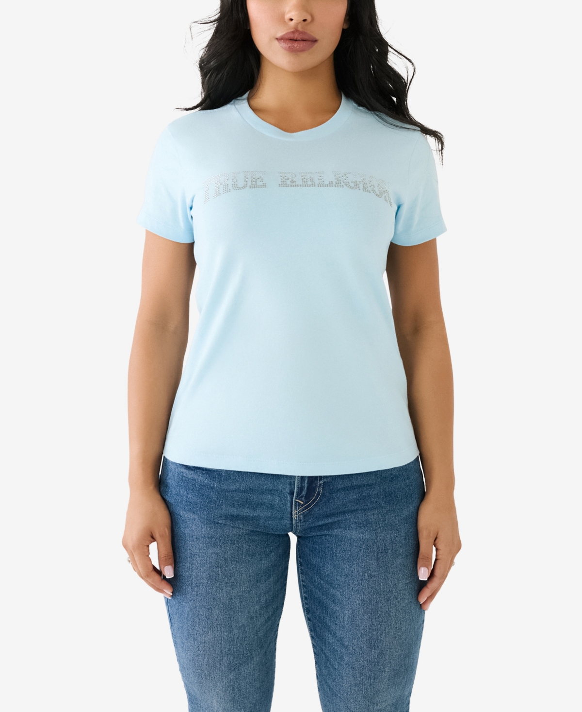 Shop True Religion Women's Short Sleeve Ombre Crystal Arch Logo T-shirt In Cool Blue