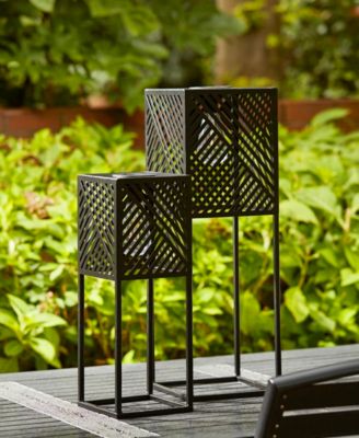 23.75" H, 17.75" H Set of 2 Metal Stripes Geometric Solar Powered Edison Bulb Outdoor Floor Lantern or Planter Stands