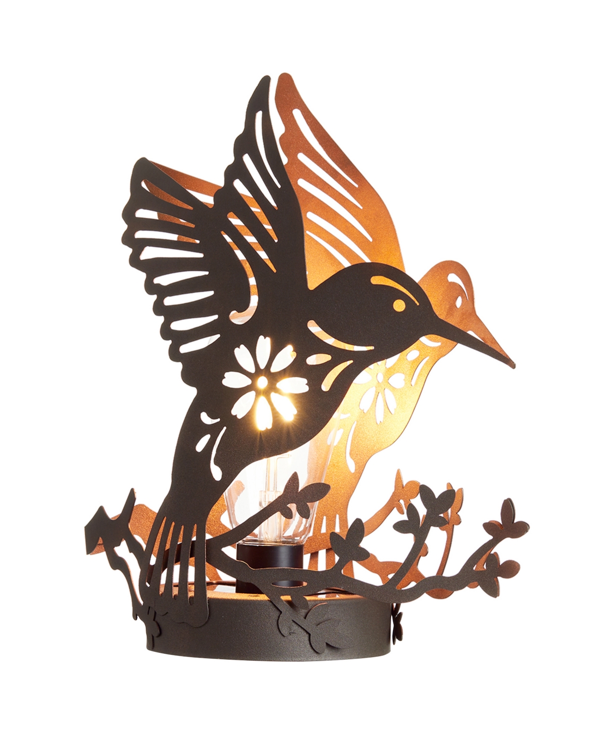 9.75" H Black and Gold-Tone Metal Cutout Flying Hummingbird Silhouette Solar Powered Edison Bulb Outdoor Lantern - Multi