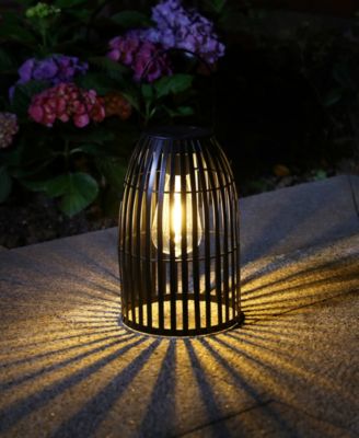 9.75" H Set of 2 Metal Stripes Solar Powered Edison Bulb Outdoor Hanging Lantern