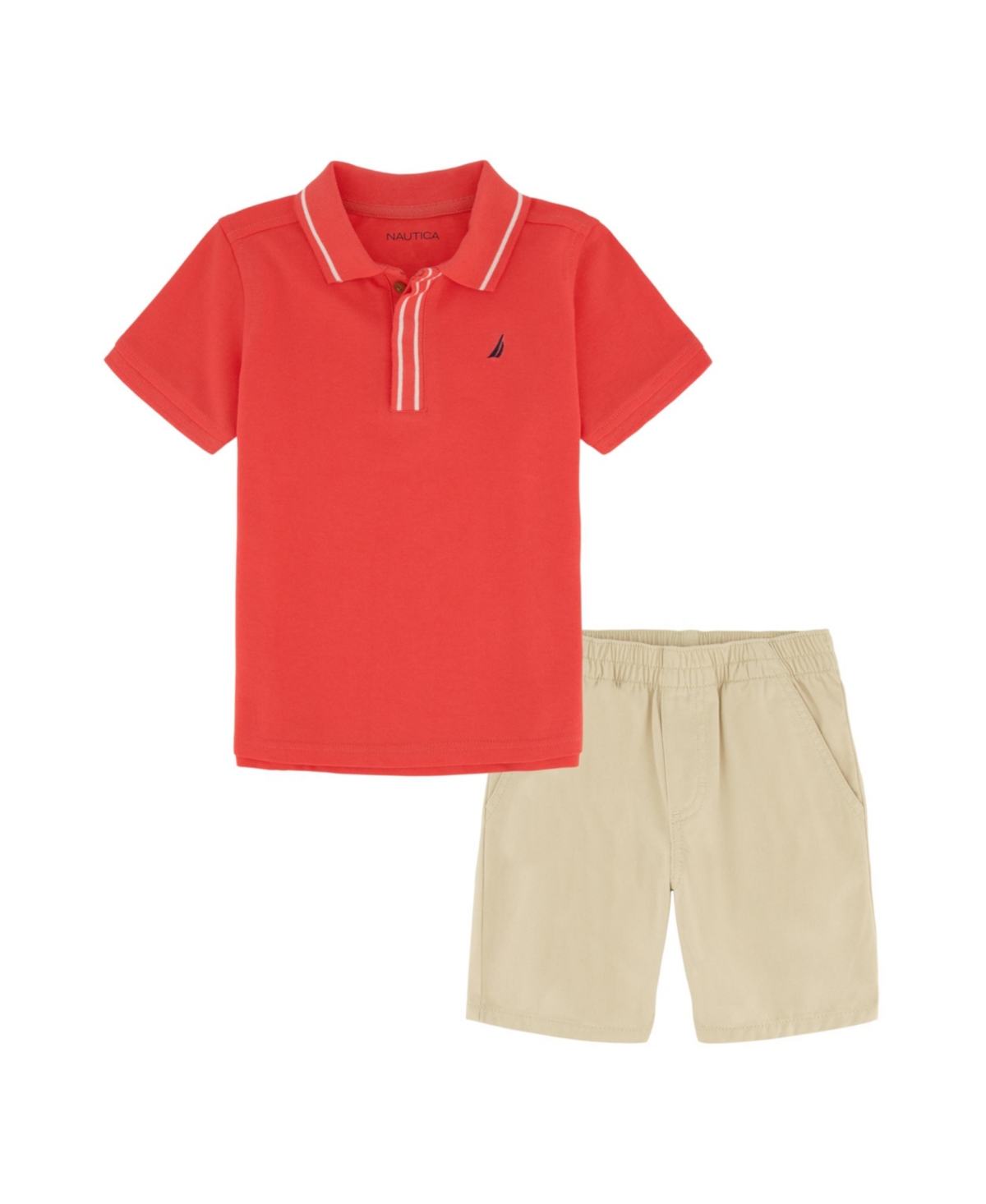 Nautica Kids' Little Boys Tipped Pique Polo Shirt And Prewashed Twill Shorts, 2 Pc Set In Khaki