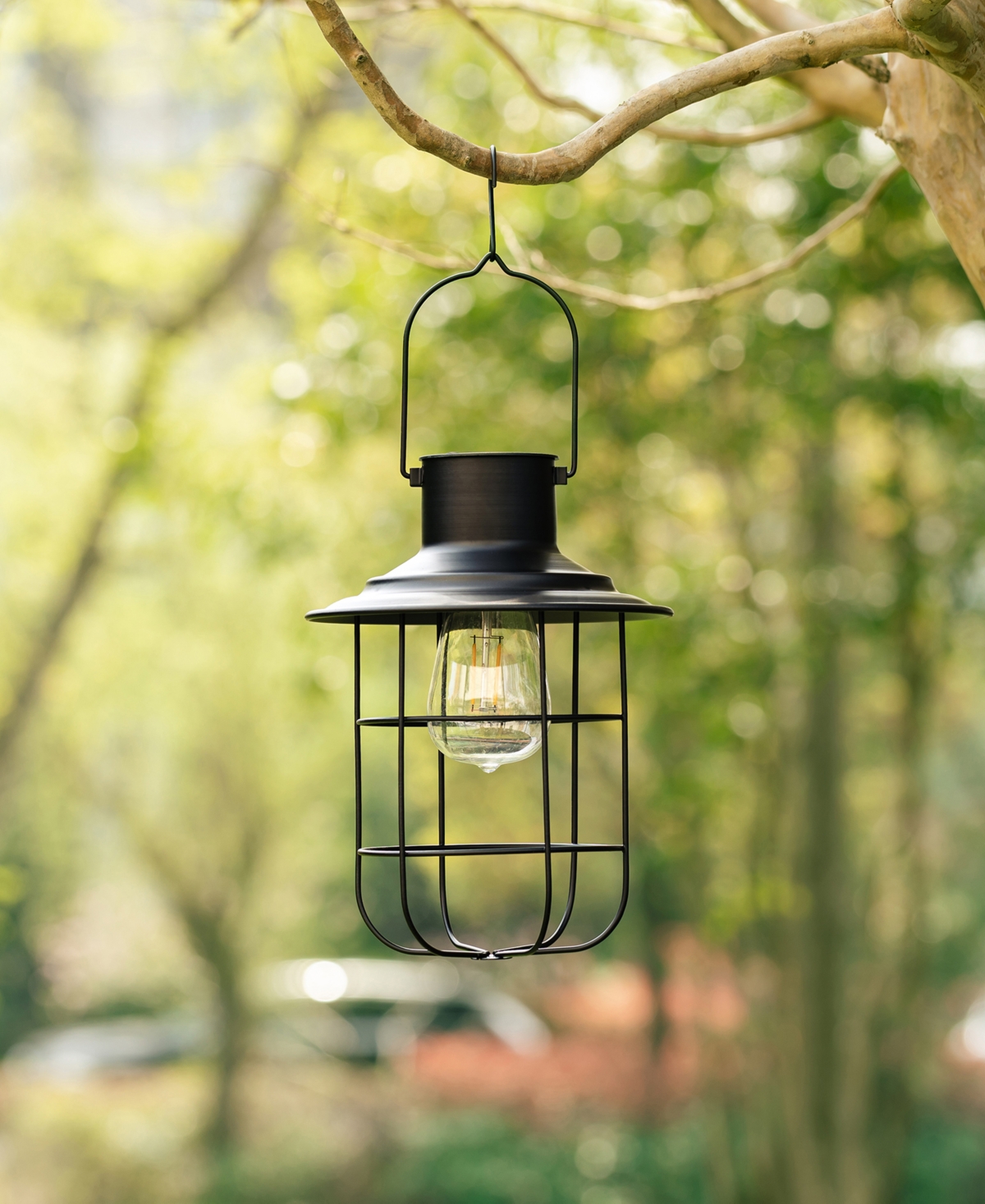 Glitzhome H Set of 2 Industrial-Style Metal Wire Solar Powered Edison Bulb Outdoor Hanging Lantern