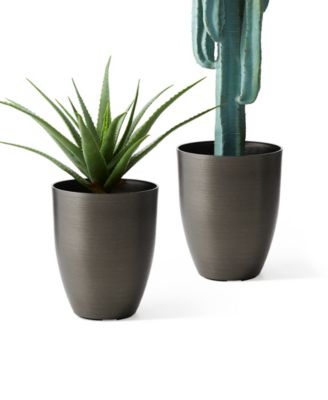 16.75" H Set of 2 Black  Resin and Stone Faux Brushed Steel Texture Tall Planter