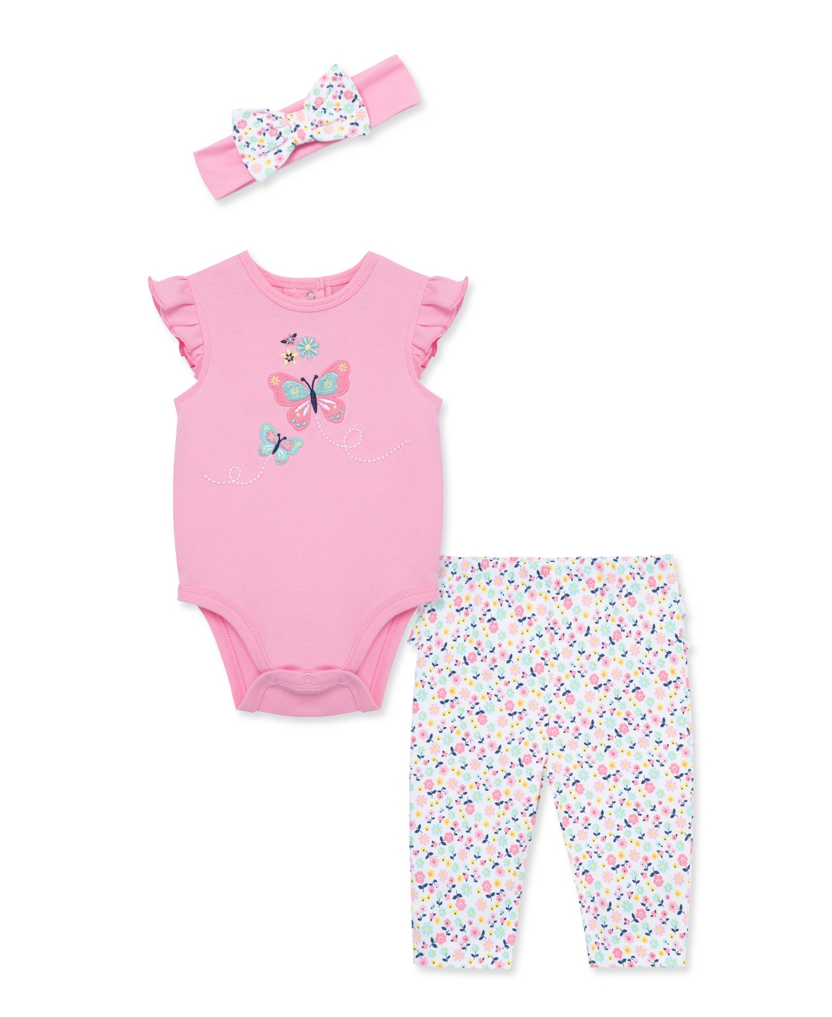 Shop Little Me Baby Girls Butterfly Bodysuit Pant Set With Headband In Pink