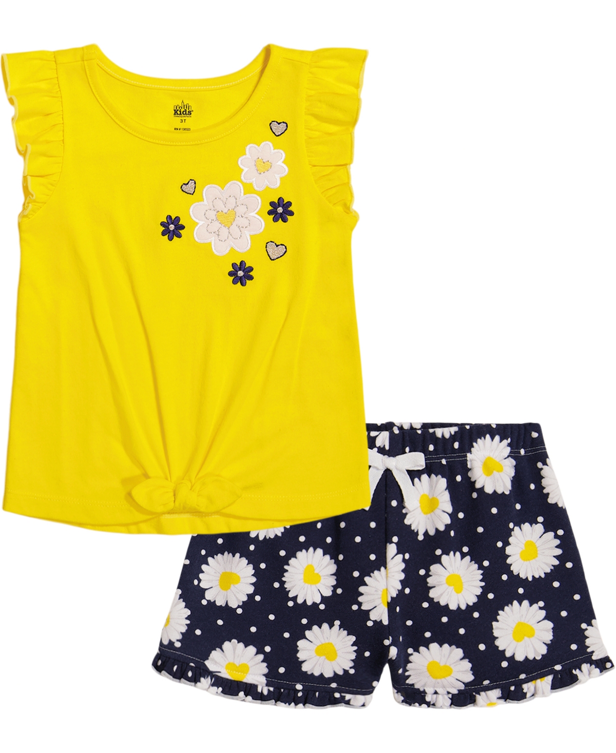 Kids Headquarters Babies' Toddler Girls Flutter Sleeve Daisy T-shirt And Printed French Terry Shorts Set In Yellow,navy
