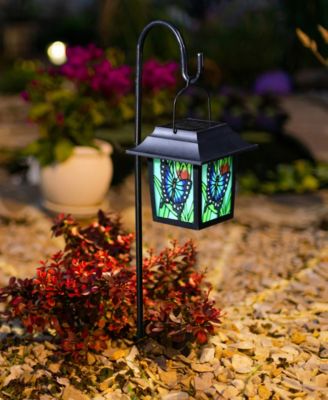 30" H Set of 2 Solar Powered Butterfly Scene Pattern Garden Lamp or Pathway Light with Ground Stake