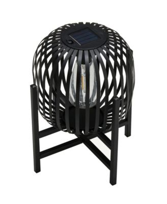 11.50" H Set of 2 Black Metal Stripes Solar Powered Edison Bulb Outdoor Lantern with Stand