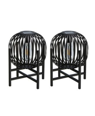 11.50" H Set of 2 Black Metal Stripes Solar Powered Edison Bulb Outdoor Lantern with Stand