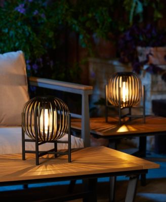 11.50" H Set of 2 Black Metal Stripes Solar Powered Edison Bulb Outdoor Lantern with Stand