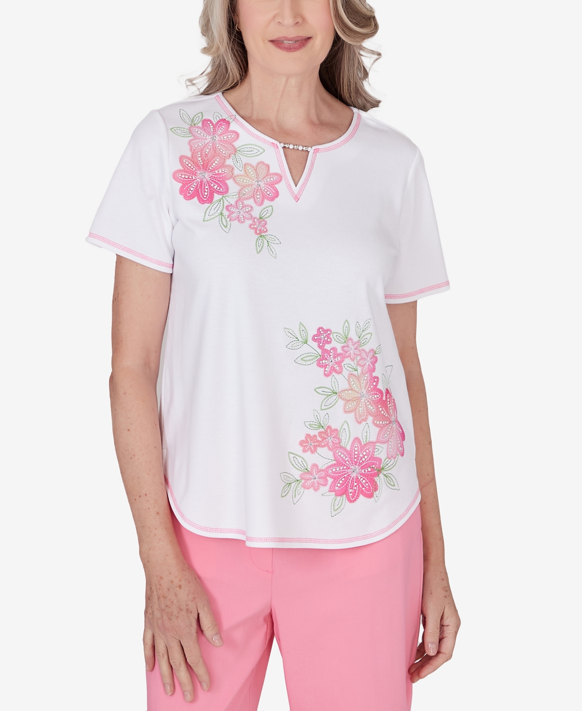 Shop Alfred Dunner Women's Miami Beach Short Sleeve Floral Applique Top In Multi