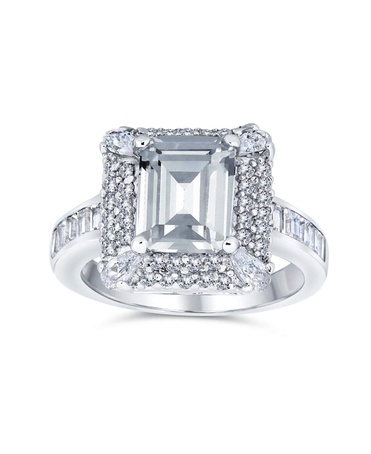 Bling Jewelry Classic 4CTW Cubic Zirconia Rectangle Halo Cz Emerald Cut Promise Ring For Women SterlingPave Band Ring - Silver