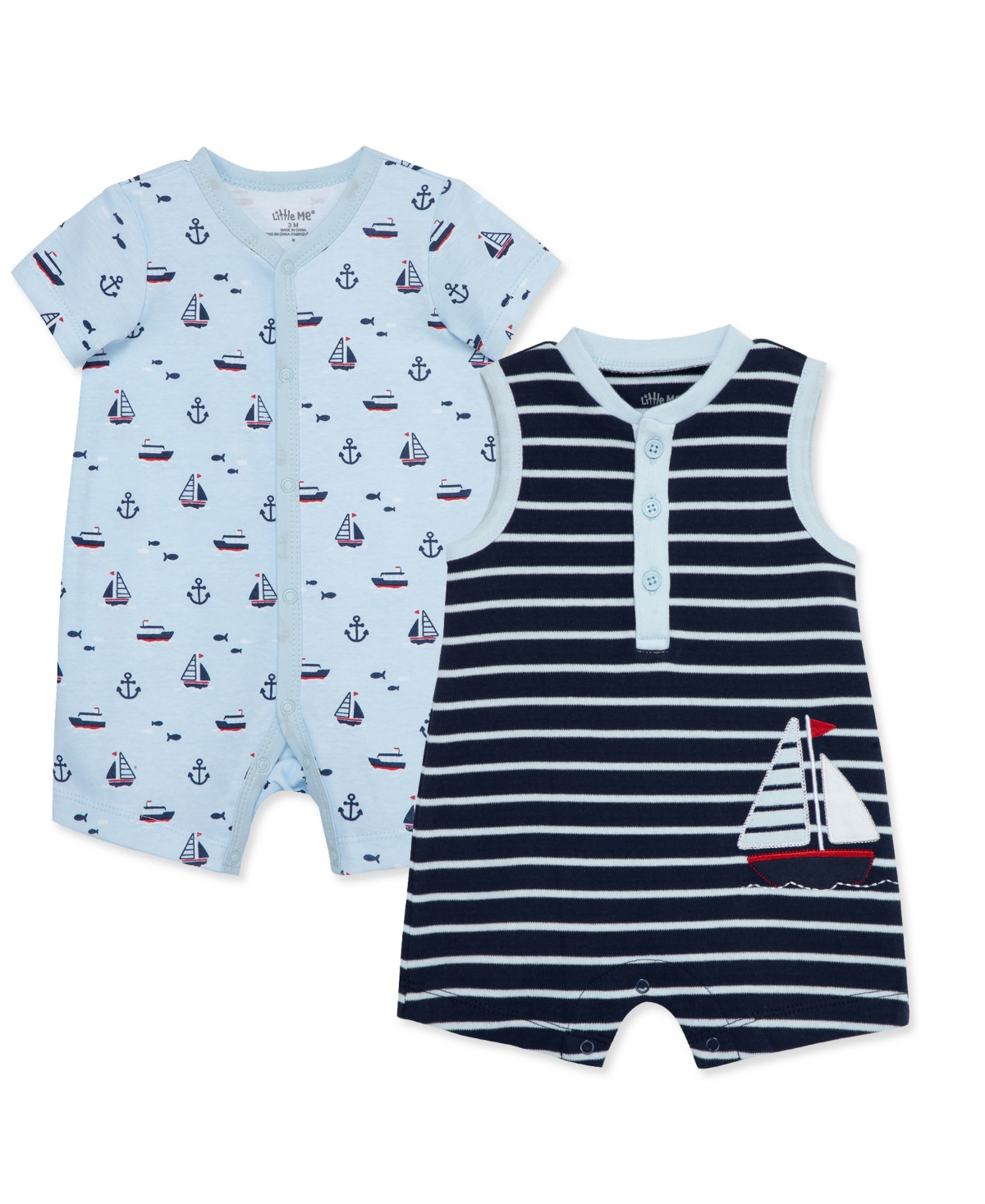 Little Me Baby Boys Sailboat 2 Pack Rompers In Blue