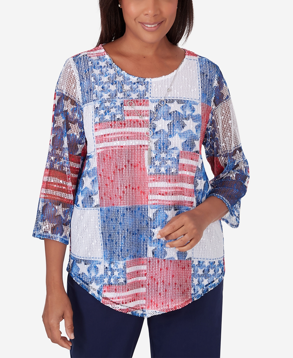 Shop Alfred Dunner Women's All American Patchwork Flag Mesh Top With Necklace In Multi
