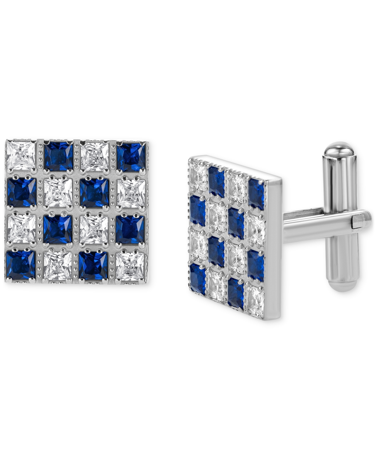 Blackjack Men's Cubic Zirconia Checkerboard Square Cufflinks In Stainless Steel In Blue
