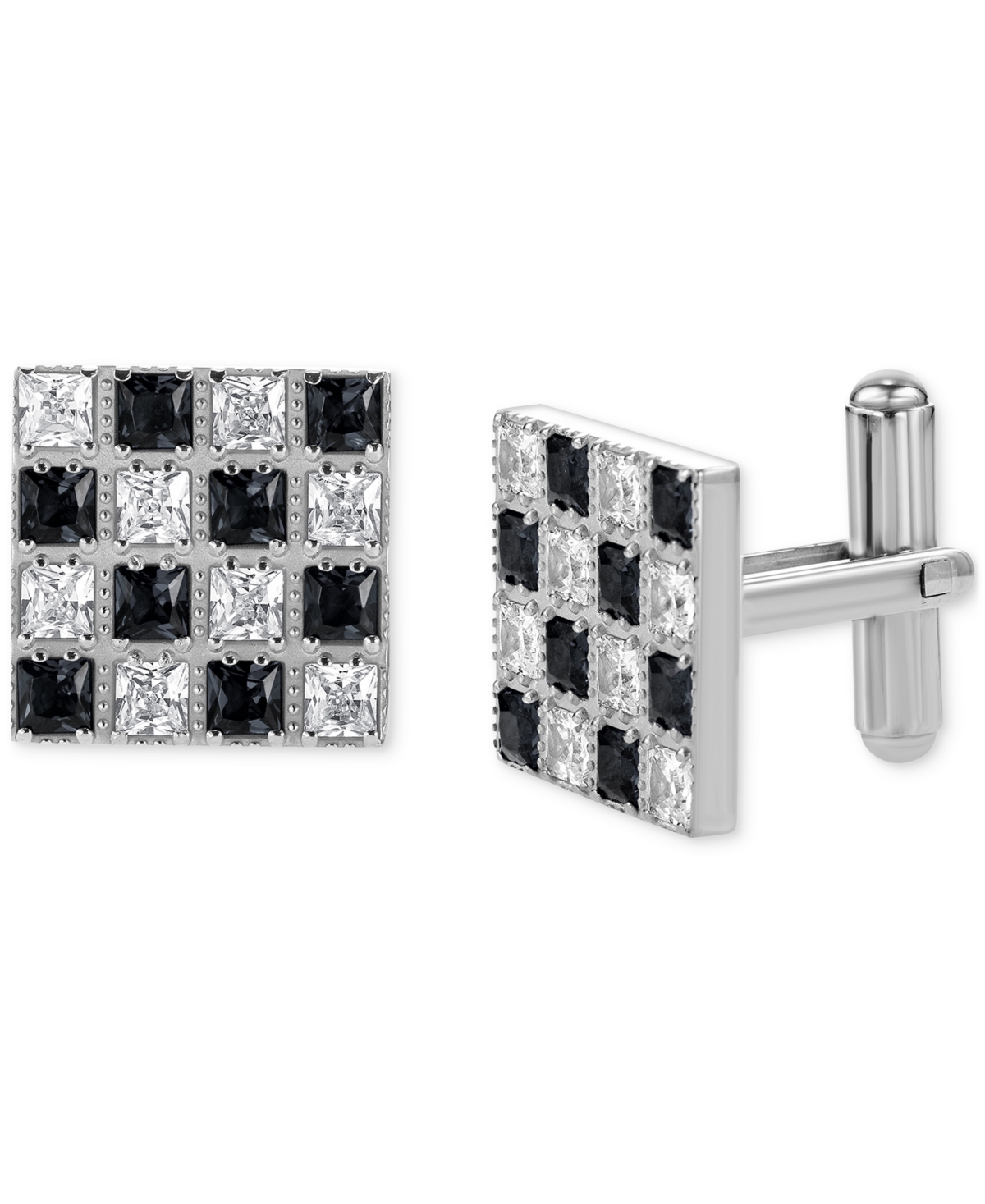 Men's Cubic Zirconia Checkerboard Square Cufflinks in Stainless Steel - Black