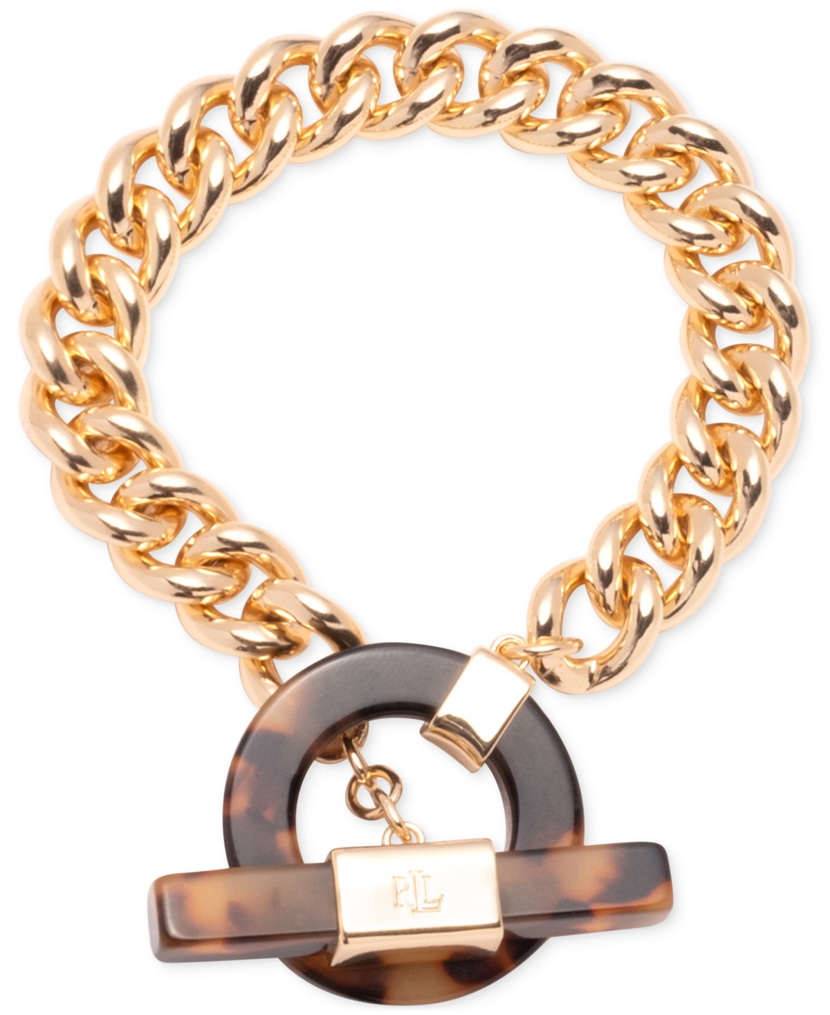 Shop Lauren Ralph Lauren Gold-tone Logo Tortoise-look Toggle Link Bracelet In Dark Brown