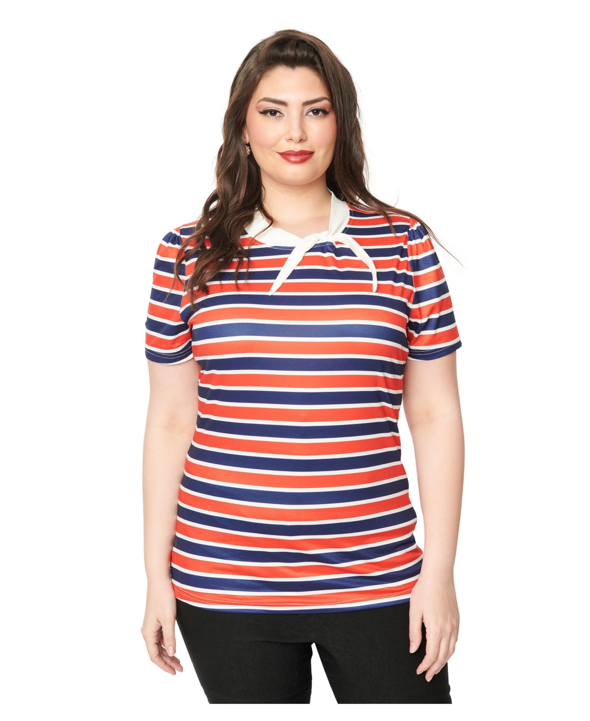Plus Size Short Sleeve Tie Neck Sweetie Knit Top - Navy/red stripes
