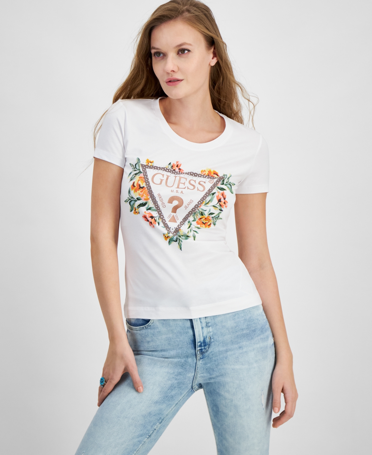 Guess Women's Triangle Floral Logo Embellished T-shirt In Pure White
