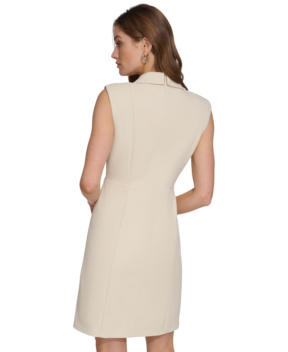Shop Dkny Women's Notched Collar Hardware Trim Sleeveless Sheath Dress In Elegant Beige