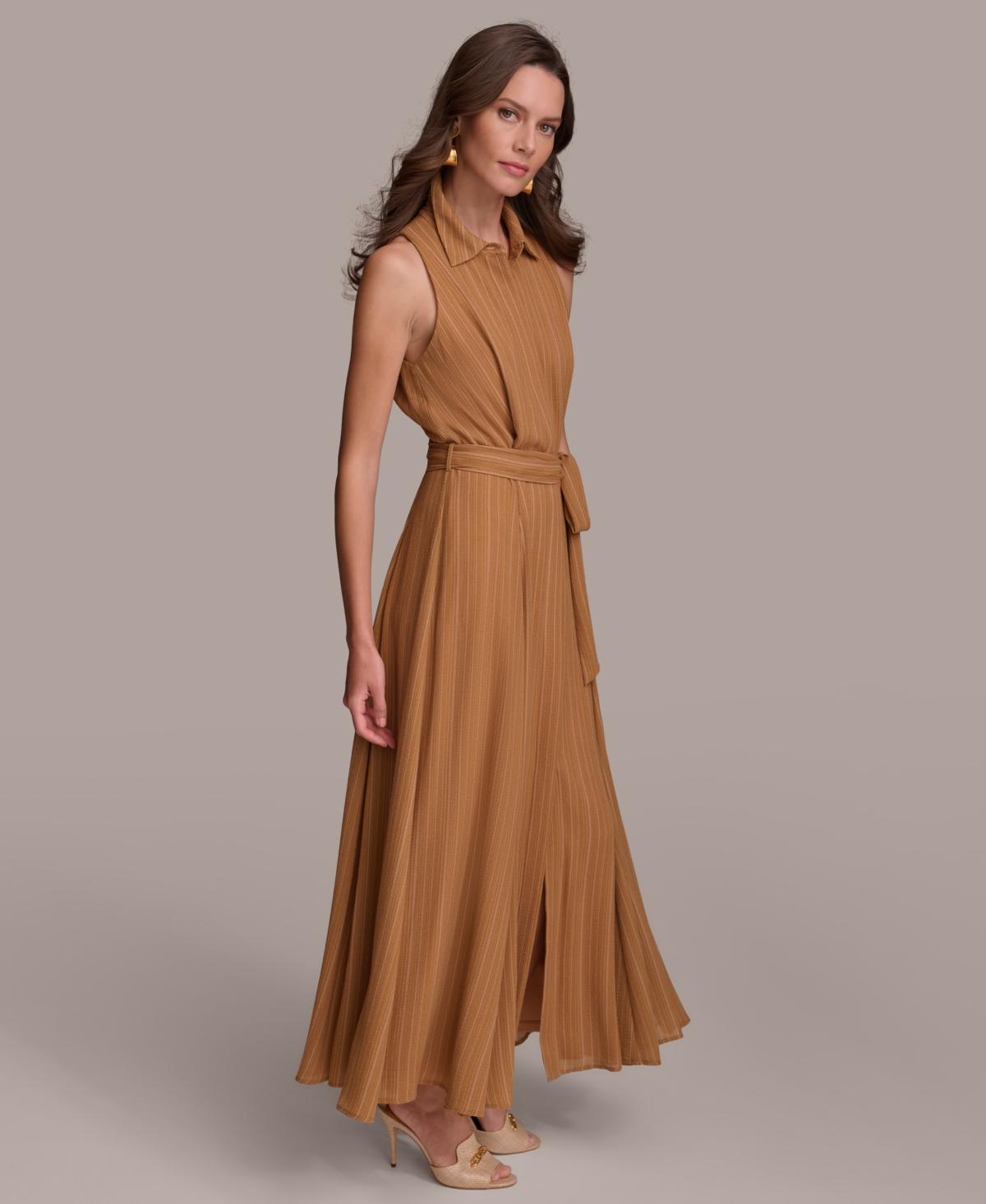 Shop Donna Karan Women's Striped Tie-waist Sleeveless Maxi Dress In Desert Com