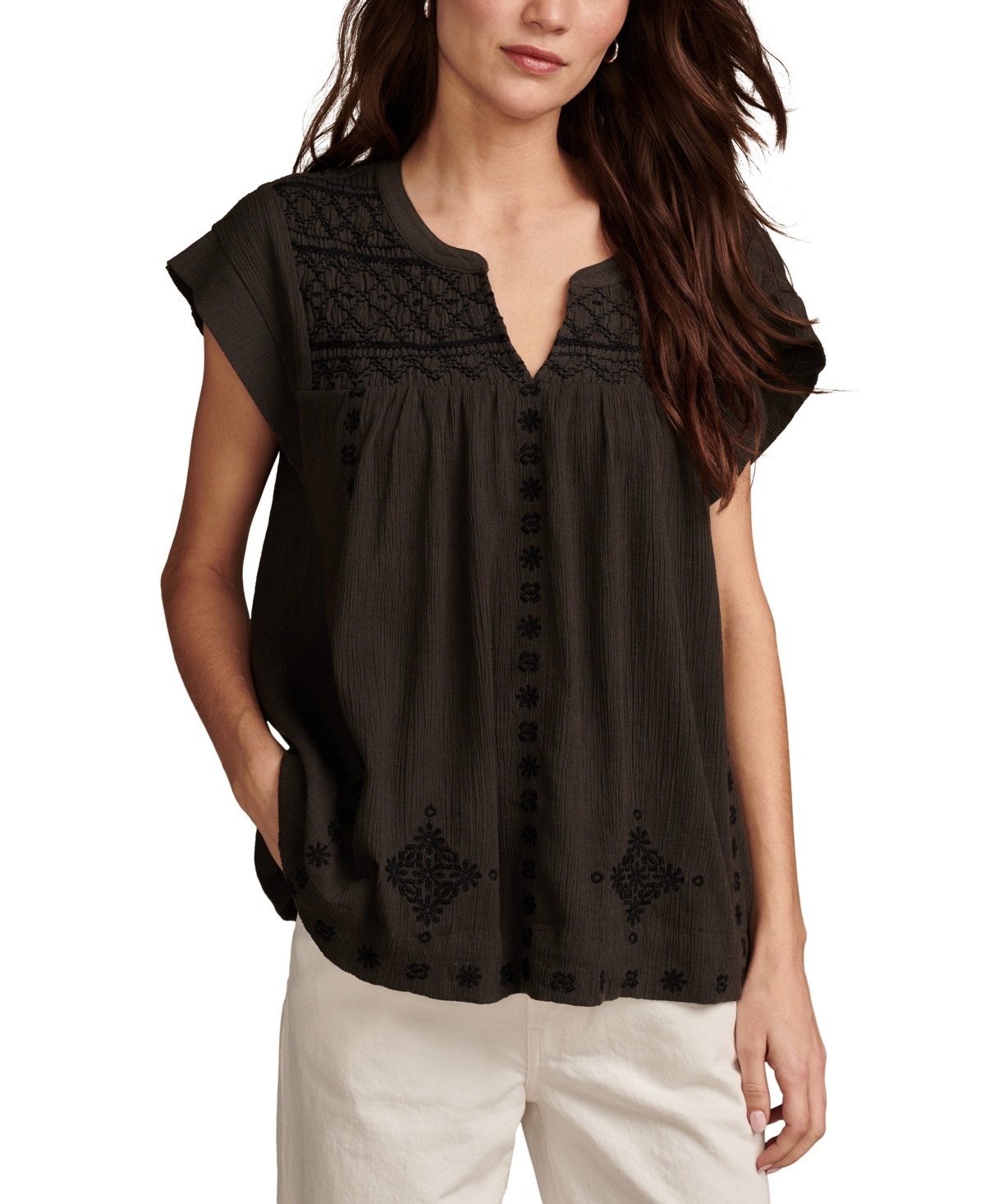 Women's Cotton Smocked Embroidered Popover Blouse - Raven