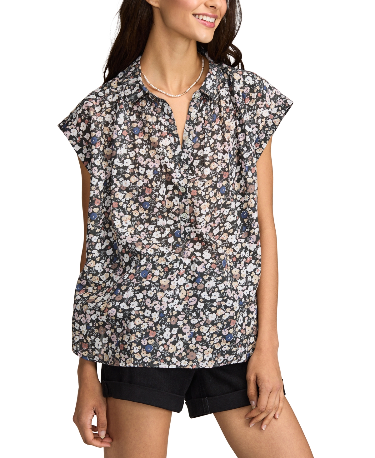 Lucky Brand Women's Cotton Floral Collared Popover Blouse In Raven Multi