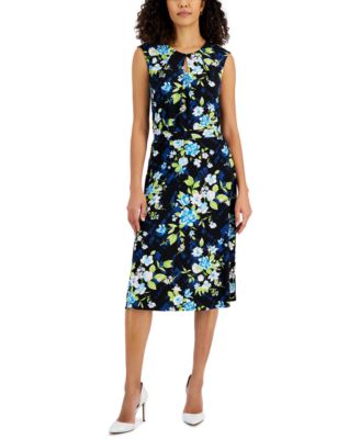 Shop Kasper Womens Floral Print Keyhole Top Knit Skirt In Black,light Azure Multi