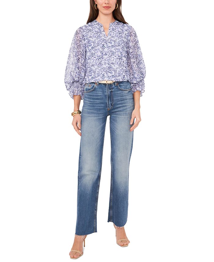 Split V-Neck Top with Balloon Sleeves