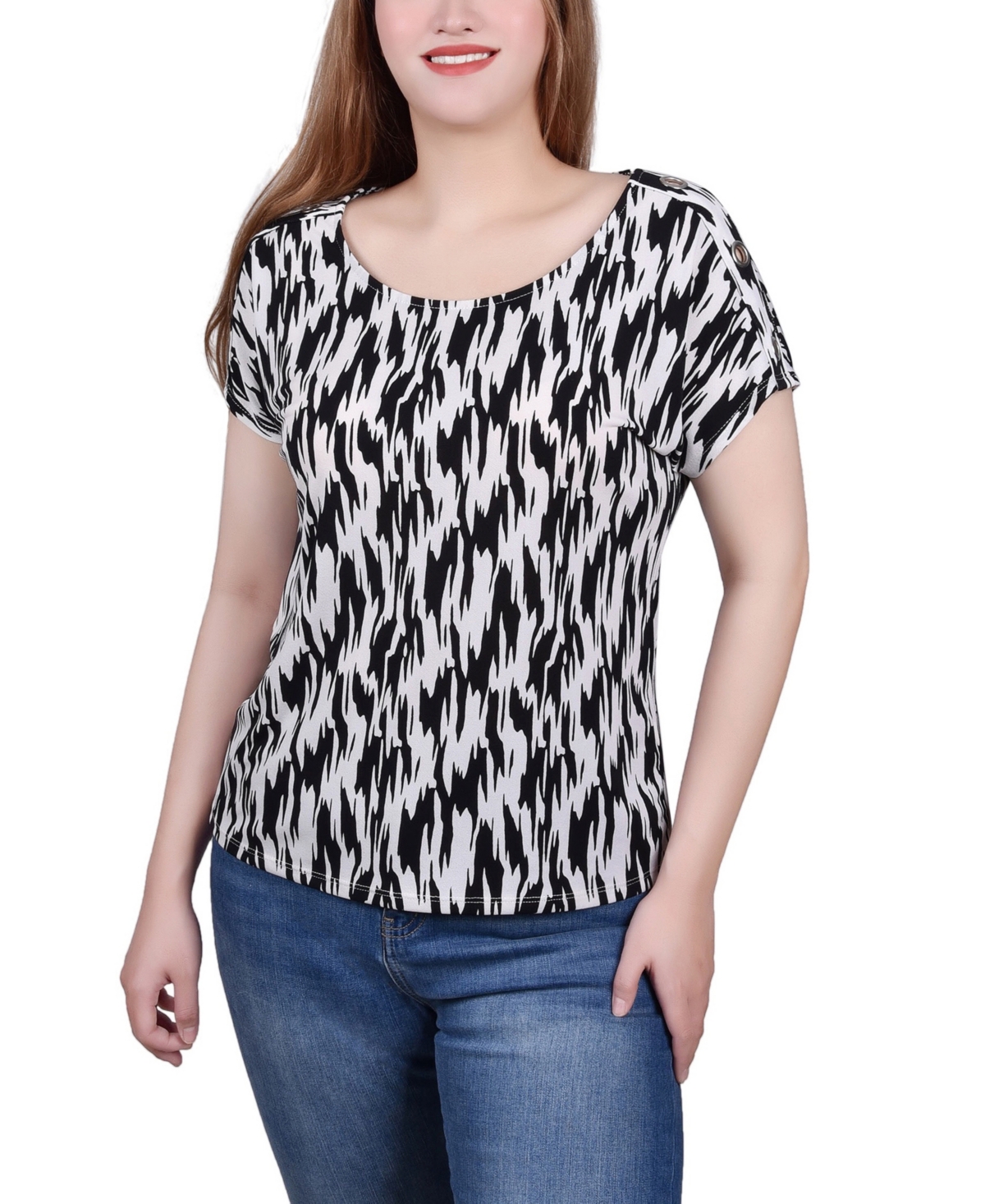 Shop Ny Collection Petite Short Sleeve Extended Sleeve Tunic Top In Black White Brush