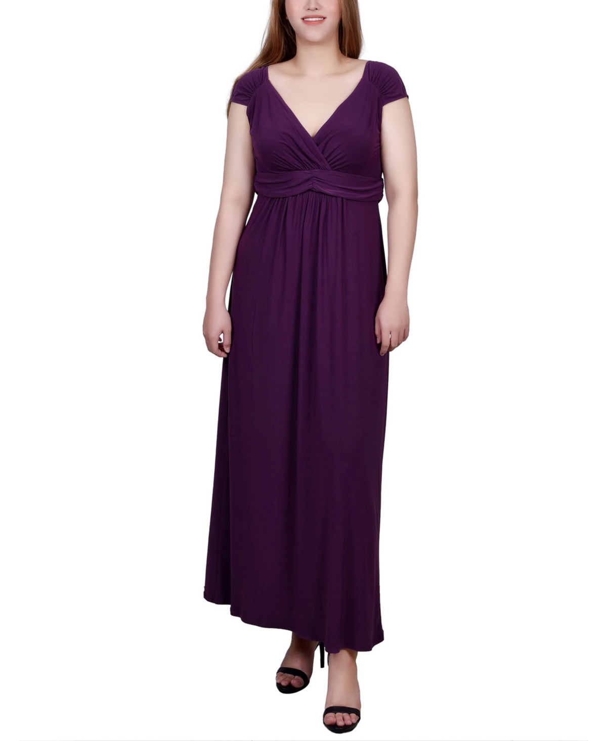 Shop Ny Collection Petite Ruched Empire-waist Maxi Dress In Plum Purple