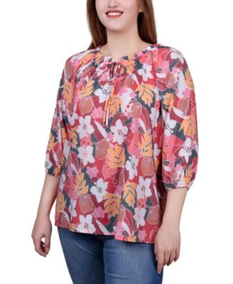 Petite 3/4 Sleeve Drawstring Neck Blouse Top