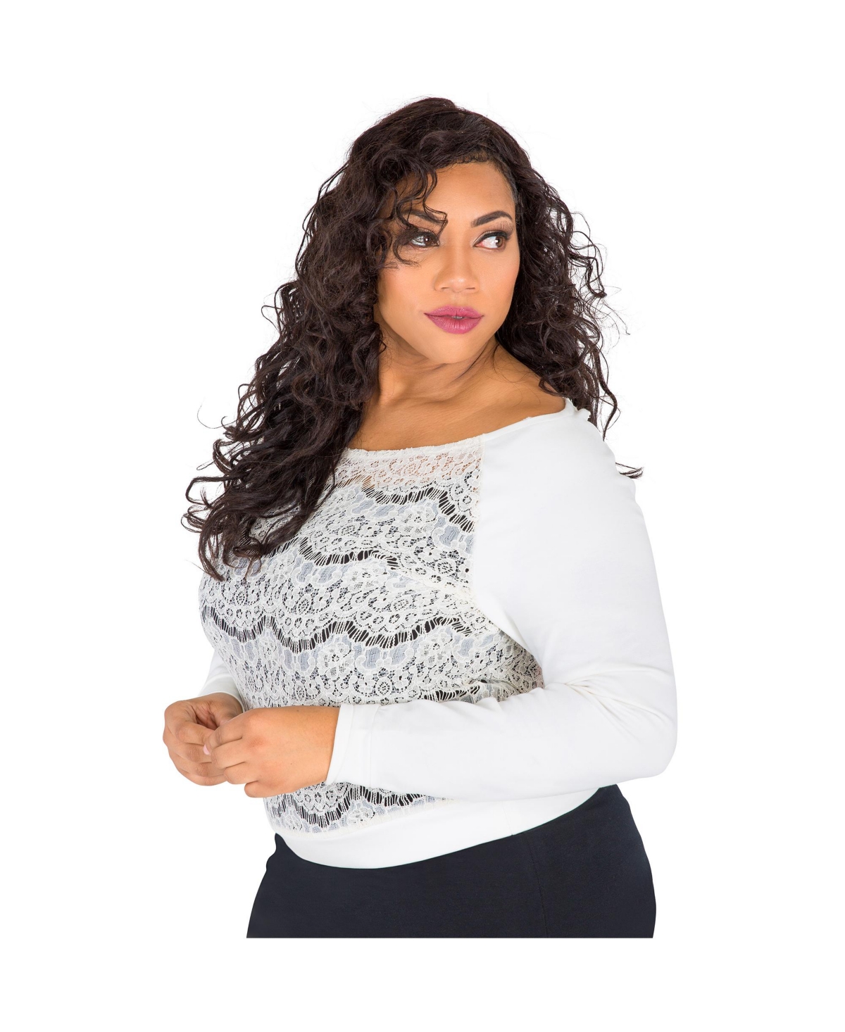 Women's Plus Size Curvy-Fit Lace Ponte Pullover Neck Tops - Ivory