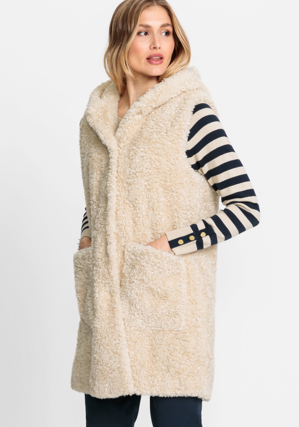 Long Line Teddy Vest with Hood - White