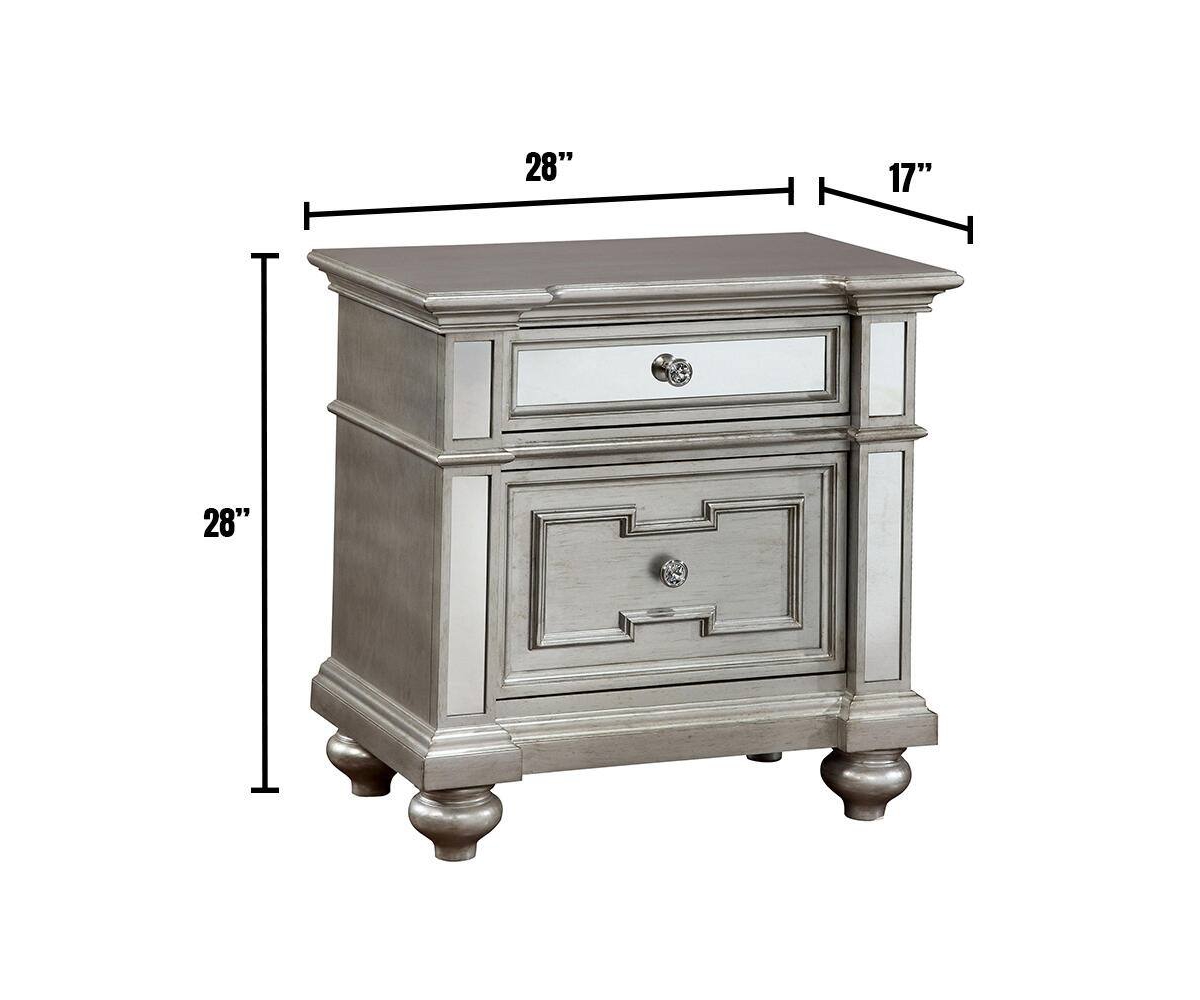 Simplie Fun Glam Silver Nightstand with Mirror Accents and Crystal-like Drawer Pulls