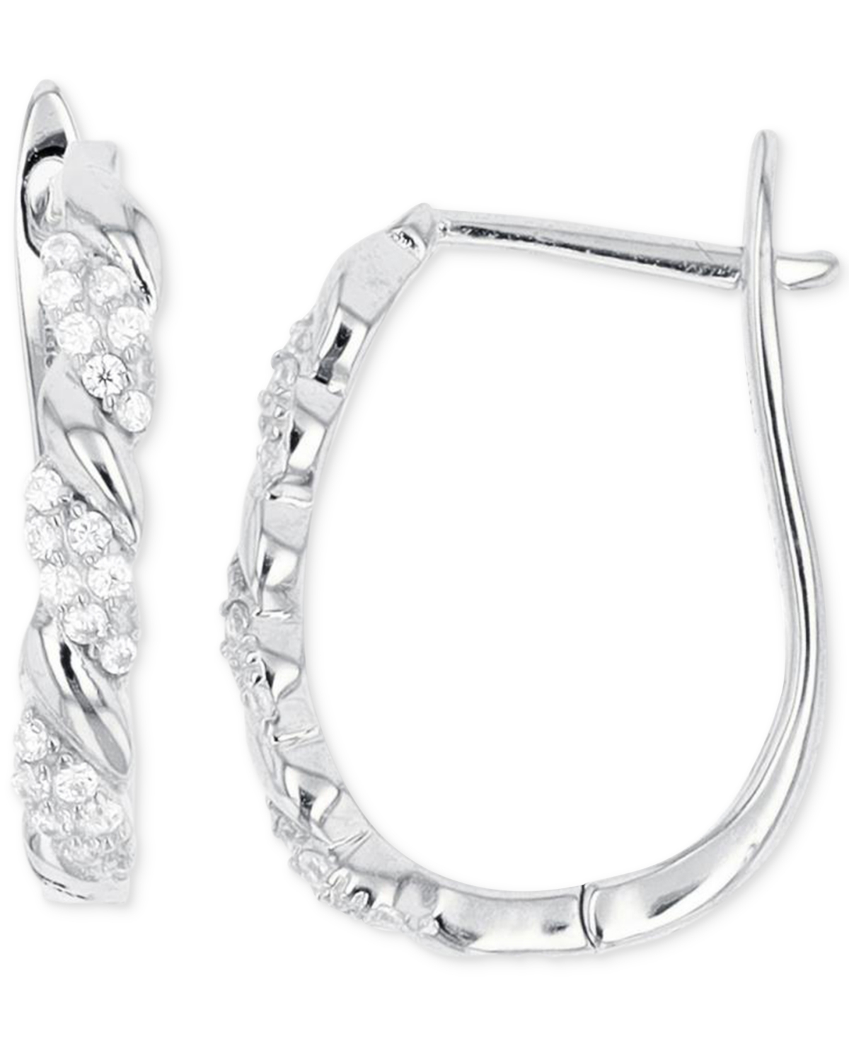 Cubic Zirconia Twist Latch Back Oval Hoop Earrings in Sterling Silver - Silver