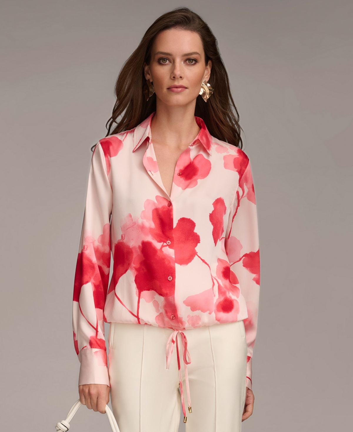 Women's Floral-Print Drawstring-Hem Shirt - Rose Quartz