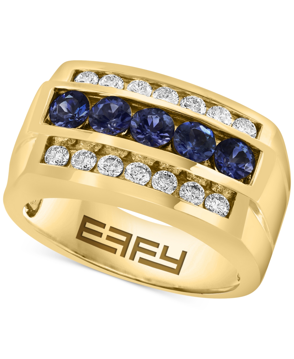 Shop Effy Collection Effy Men's Sapphire (5/8 Ct. T.w.) & White Sapphire (1-3/8 Ct. T.w.) Three Row Ring In 10k Yellow Go In K Yellow Gold