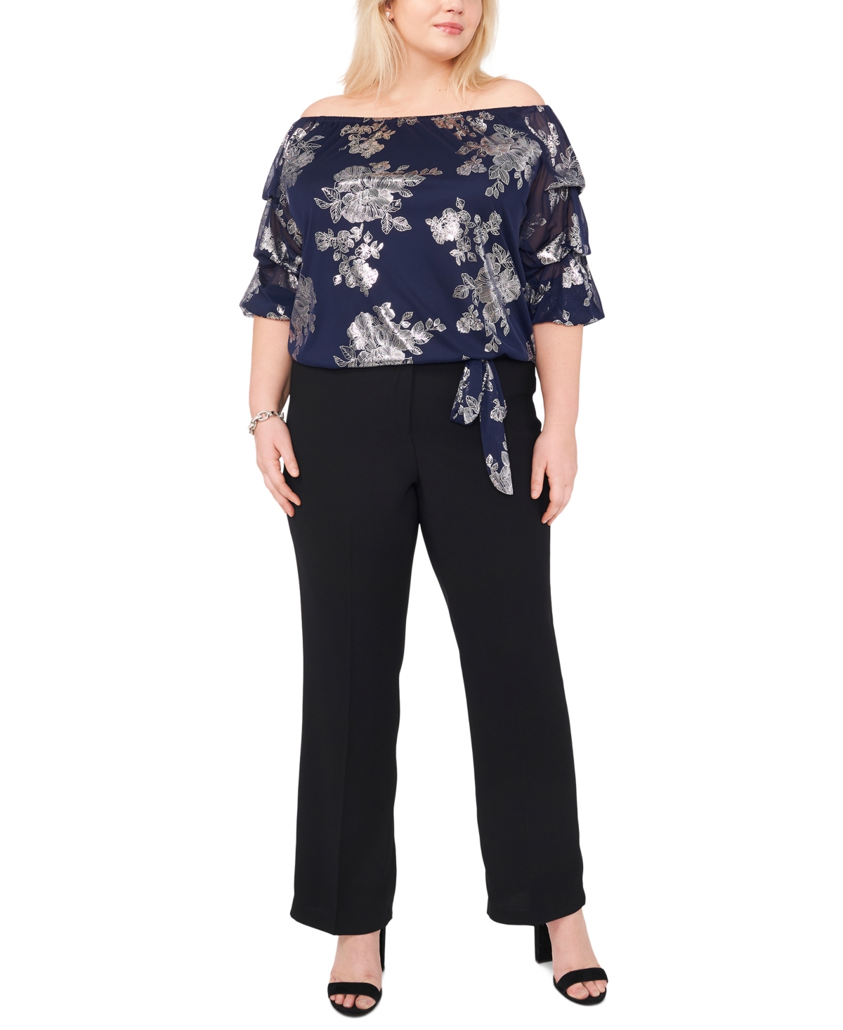 Plus Size Floral Foil Off-The-Shoulder Lantern-Sleeve Top - Navy/Silver