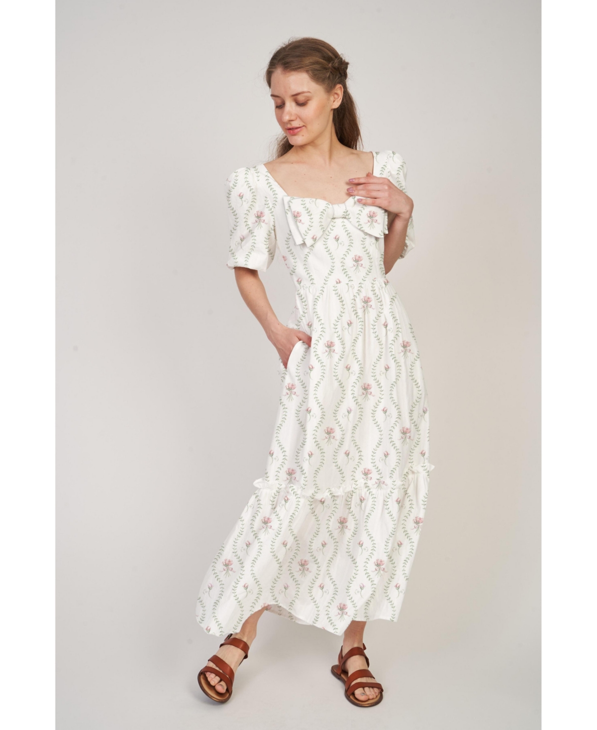 Women's Maxi A-Line Kylie Dress - White floral vine