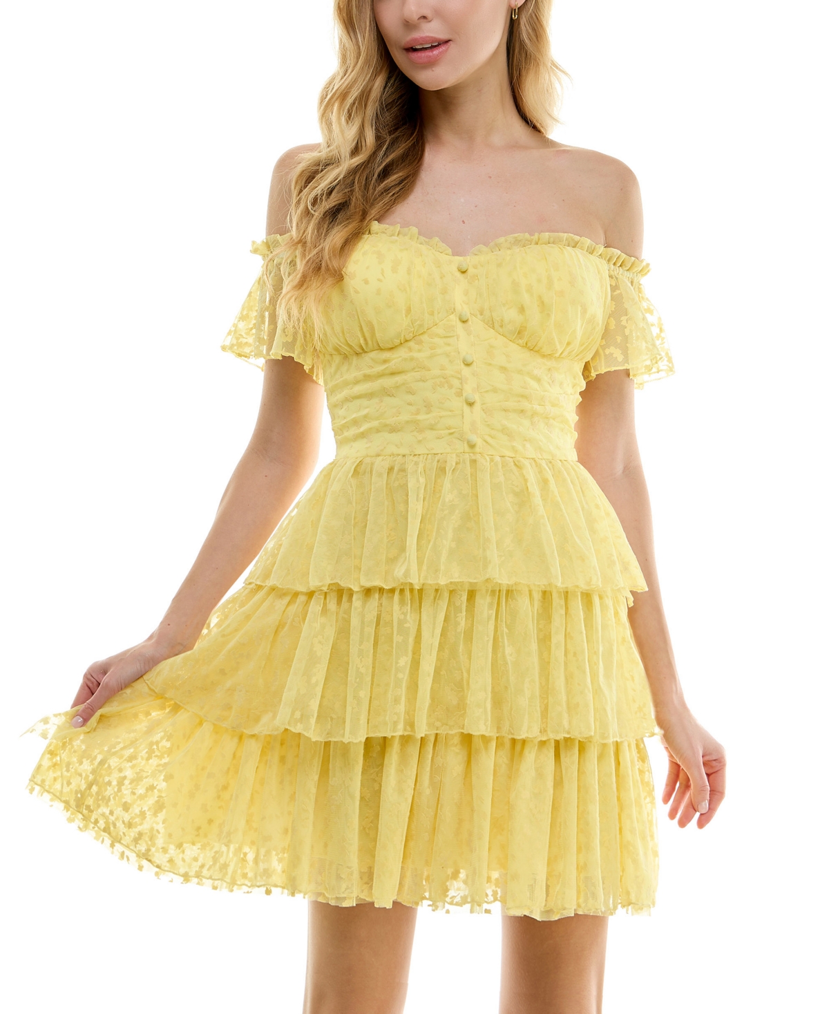 Shop City Studios Juniors' Off-the-shoulder Tiered Ruffle-trim Dress In Yellow