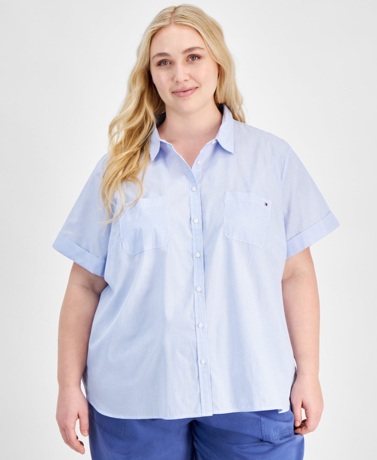 Tommy Hilfiger Plus Size Cotton Patchwork-print Camp Shirt In Blue