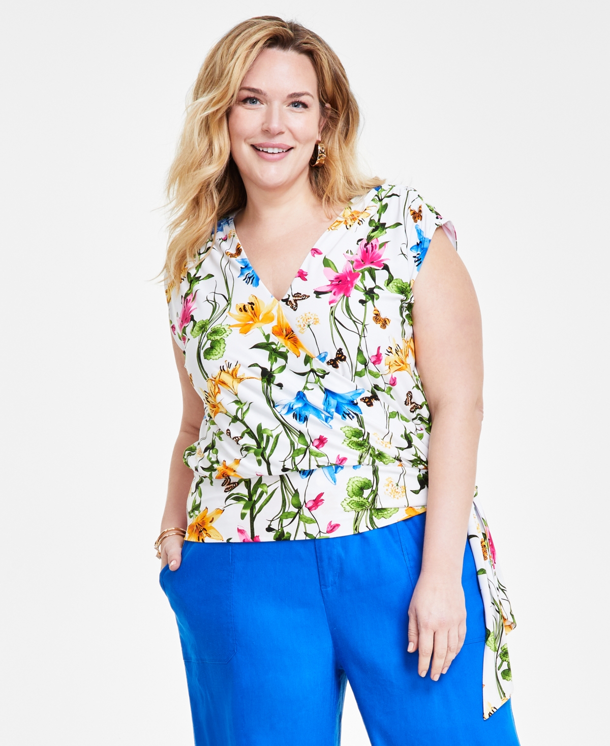 Shop Inc International Concepts Plus Size Floral Print Surplice Tie-hem Top, Created For Macy's In Risa Blooms